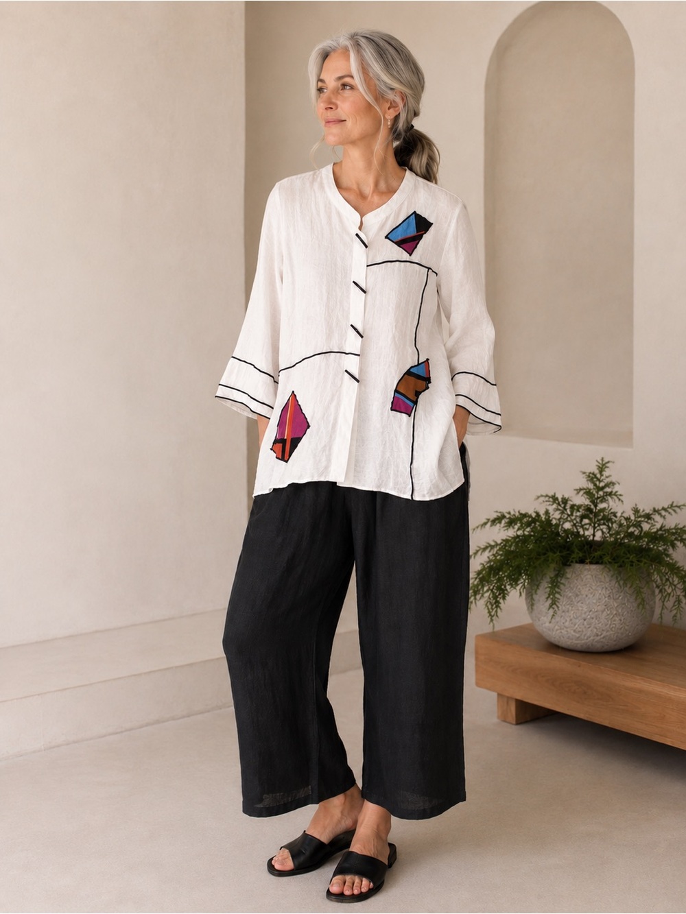 Ali Miles Artistic Tunic Top 1X White Abstract Patch Oversized Boho Chic